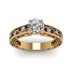 Load image into Gallery viewer, round-cut-antique-filigree-diamond-ring-with-blue-sapphire-in-18K-yellow-gold-FDENS3543RORGSABLANGLE5-NL-YG_6a6c735f-fe6e-431e-a76d-b9f038cee948
