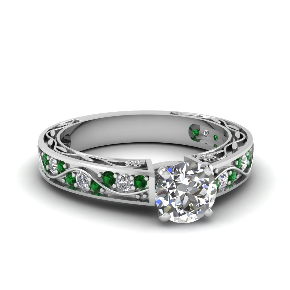 round-cut-antique-filigree-diamond-ring-with-emerald-in-14K-white-gold-FDENS3543RORGEMGR-NL-WG