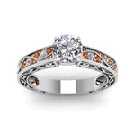 Load image into Gallery viewer, round-cut-antique-filigree-diamond-ring-with-orange-sapphire-in-14K-white-gold-FDENS3543RORGSAORANGLE5-NL-WG_5e3695e1-10ca-42e1-b2b7-08a948e1497e
