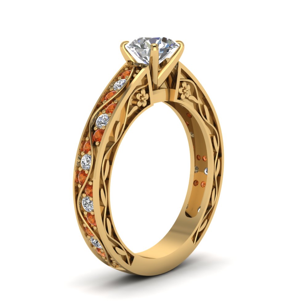 round-cut-antique-filigree-diamond-ring-with-orange-sapphire-in-18K-yellow-gold-FDENS3543RORGSAORANGLE2-NL-YG