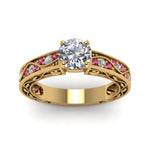 Load image into Gallery viewer, round-cut-antique-filigree-diamond-ring-with-pink-sapphire-in-14K-yellow-gold-FDENS3543RORGSADRPIANGLE5-NL-YG_65afd68c-1228-4768-b55b-c5ed5be2b31f
