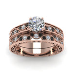 Load image into Gallery viewer, round-cut-antique-filigree-wedding-ring-set-with-black-diamond-in-rose-gold-FDENS3543ROGBLACKANGLE5-NL-RG