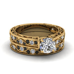 Load image into Gallery viewer, round-cut-antique-filigree-wedding-ring-set-with-black-diamond-in-yellow-gold-FDENS3543ROGBLACK-NL-YG