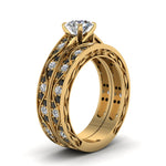 Load image into Gallery viewer, round-cut-antique-filigree-wedding-ring-set-with-black-diamond-in-yellow-gold-FDENS3543ROGBLACKANGLE2-NL-YG
