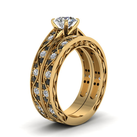 round-cut-antique-filigree-wedding-ring-set-with-black-diamond-in-yellow-gold-FDENS3543ROGBLACKANGLE2-NL-YG