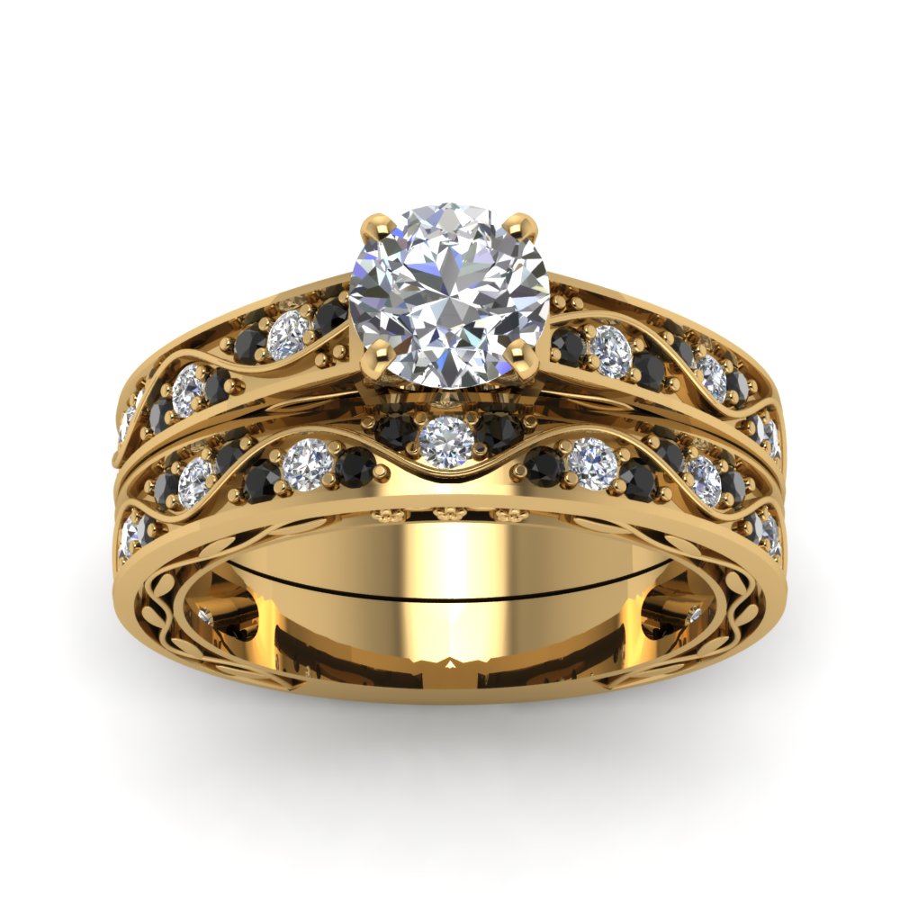 round-cut-antique-filigree-wedding-ring-set-with-black-diamond-in-yellow-gold-FDENS3543ROGBLACKANGLE5-NL-YG