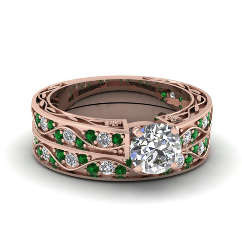 round-cut-antique-filigree-wedding-ring-set-with-emerald-in-rose-gold-FDENS3543ROGEMGR-NL-RG