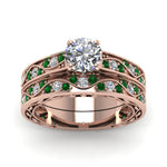 Load image into Gallery viewer, round-cut-antique-filigree-wedding-ring-set-with-emerald-in-rose-gold-FDENS3543ROGEMGRANGLE5-NL-RG