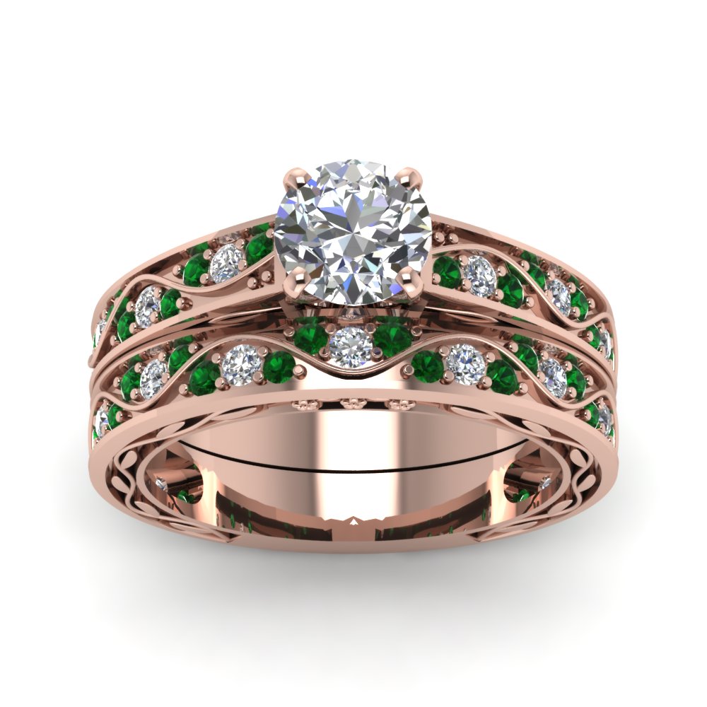 round-cut-antique-filigree-wedding-ring-set-with-emerald-in-rose-gold-FDENS3543ROGEMGRANGLE5-NL-RG