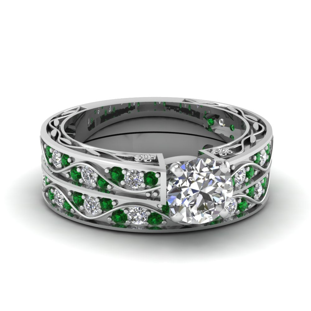 round-cut-antique-filigree-wedding-ring-set-with-emerald-in-white-gold-FDENS3543ROGEMGR-NL-WG