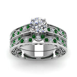 Load image into Gallery viewer, round-cut-antique-filigree-wedding-ring-set-with-emerald-in-white-gold-FDENS3543ROGEMGRANGLE5-NL-WG