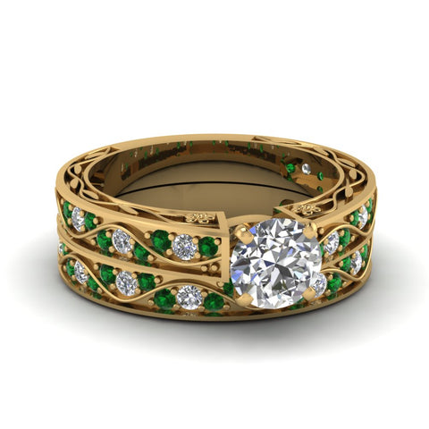 round-cut-antique-filigree-wedding-ring-set-with-emerald-in-yellow-gold-FDENS3543ROGEMGR-NL-YG
