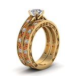 Load image into Gallery viewer, round-cut-antique-filigree-wedding-ring-set-with-orange-sapphire-in-yellow-gold-FDENS3543ROGSAORANGLE2-NL-YG