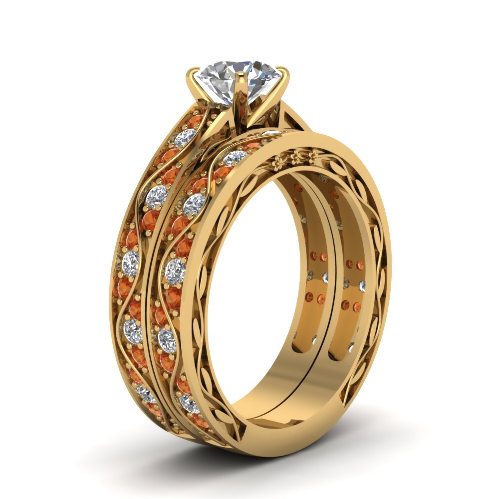 round-cut-antique-filigree-wedding-ring-set-with-orange-sapphire-in-yellow-gold-FDENS3543ROGSAORANGLE2-NL-YG