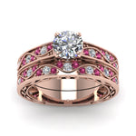 Load image into Gallery viewer, round-cut-antique-filigree-wedding-ring-set-with-pink-sapphire-in-rose-gold-FDENS3543ROGSADRPIANGLE5-NL-RG