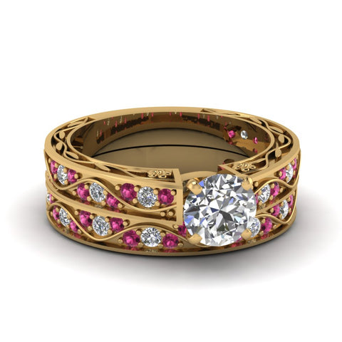 round-cut-antique-filigree-wedding-ring-set-with-pink-sapphire-in-yellow-gold-FDENS3543ROGSADRPI-NL-YG