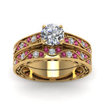 Load image into Gallery viewer, round-cut-antique-filigree-wedding-ring-set-with-pink-sapphire-in-yellow-gold-FDENS3543ROGSADRPIANGLE5-NL-YG
