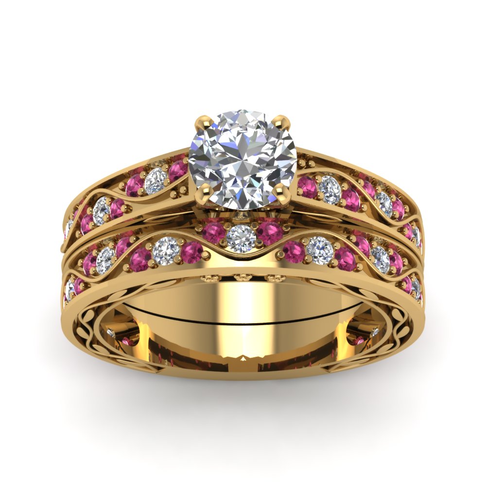 round-cut-antique-filigree-wedding-ring-set-with-pink-sapphire-in-yellow-gold-FDENS3543ROGSADRPIANGLE5-NL-YG