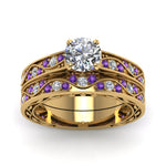 Load image into Gallery viewer, round-cut-antique-filigree-wedding-ring-set-with-purple-amethyst-in-yellow-gold-FDENS3543ROGVITOANGLE5-NL-YG

