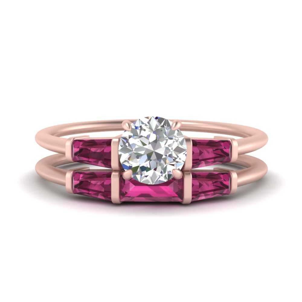 round-cut-bar-set-pink-sapphire-ring-with-matching-3-baguette-wedding-band-in-FDENS100ROGSADRPI-NL-RG
