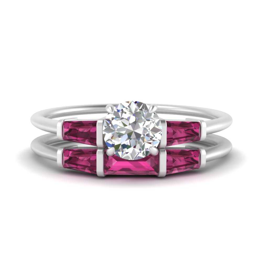 round-cut-bar-set-pink-sapphire-ring-with-matching-3-baguette-wedding-band-in-FDENS100ROGSADRPI-NL-WG