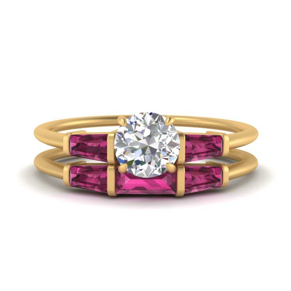 round-cut-bar-set-pink-sapphire-ring-with-matching-3-baguette-wedding-band-in-FDENS100ROGSADRPI-NL-YG