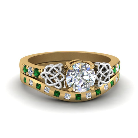 round-cut-celtic-diamond-ring-and-matching-band-with-emerald-in-14K-yellow-gold-FDENS2255B4ROGEMGR-NL-YG?v=1757052247