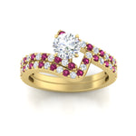 Load image into Gallery viewer, round-cut-diamond-wedding-ring-set-with-pink-sapphire-in-FDENS3007ROGSADRPI-NL-YG
