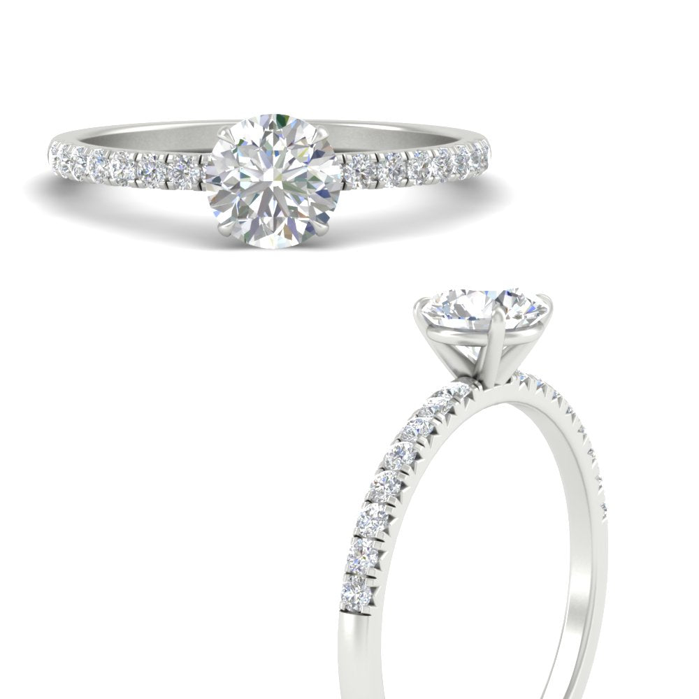 Pavé solitaire engagement ring in 14k white gold with round diamond