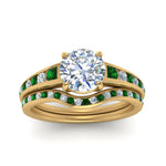 Load image into Gallery viewer, round-cut-graduated-channel-diamond-wedding-set-with-emerald-in-FD122866ROGEMGR-NL-YG
