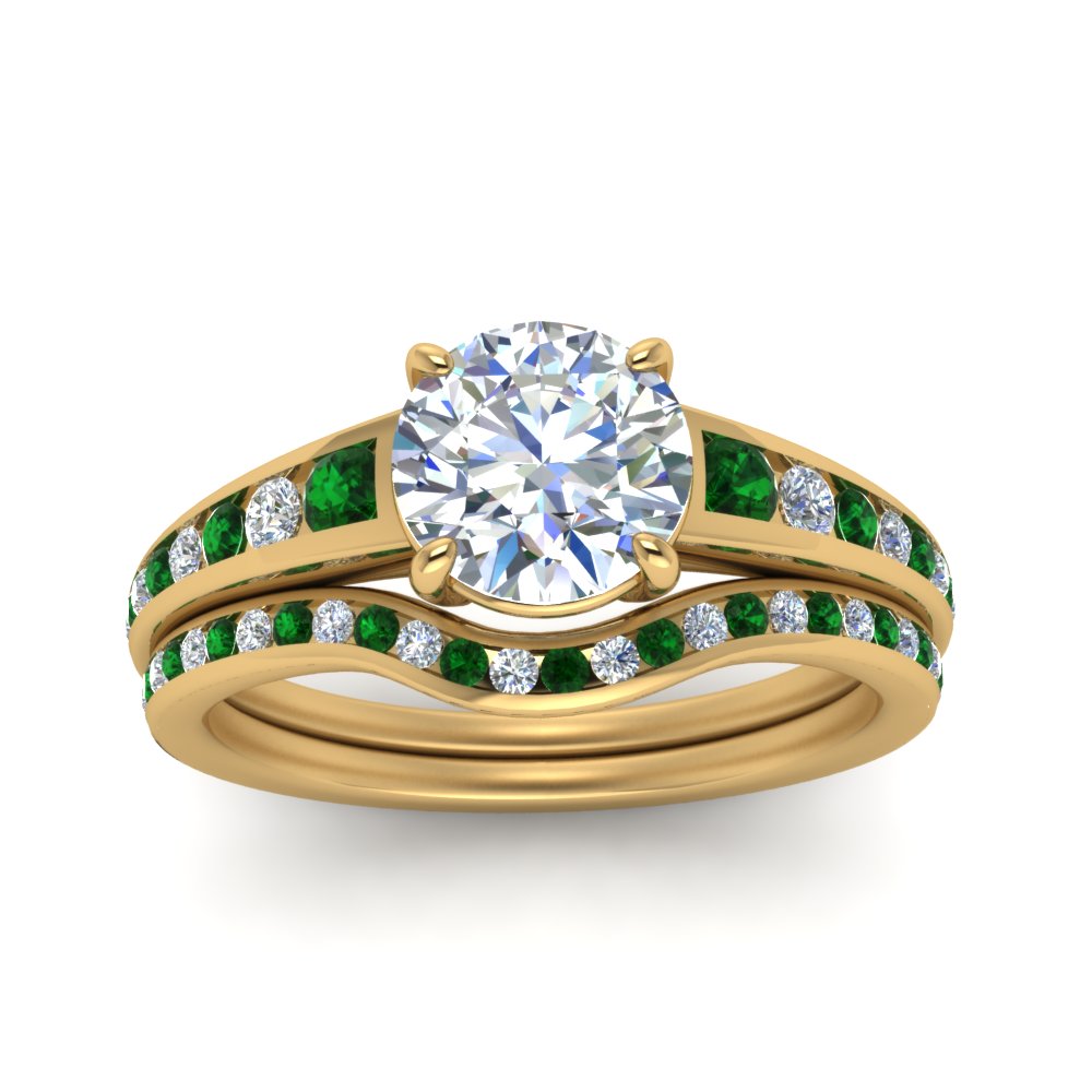 round-cut-graduated-channel-diamond-wedding-set-with-emerald-in-FD122866ROGEMGR-NL-YG