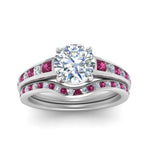 Load image into Gallery viewer, round-cut-graduated-channel-diamond-wedding-set-with-pink-sapphire-in-FD122866ROGSADRPI-NL-WG
