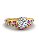 Load image into Gallery viewer, round-cut-graduated-channel-diamond-wedding-set-with-pink-sapphire-in-FD122866ROGSADRPI-NL-YG
