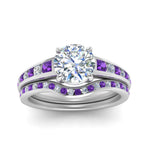 Load image into Gallery viewer, round-cut-graduated-channel-diamond-wedding-set-with-purple-topaz-in-FD122866ROGVITO-NL-WG
