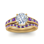 Load image into Gallery viewer, round-cut-graduated-channel-diamond-wedding-set-with-purple-topaz-in-FD122866ROGVITO-NL-YG
