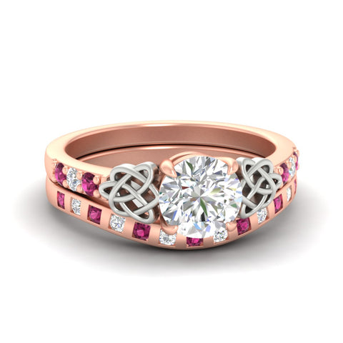 Round Cut Celtic Two Tone Ring And Matching Band