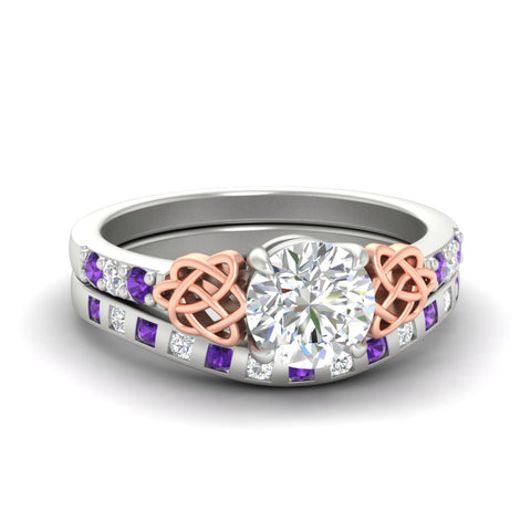 Round Cut Celtic Two Tone Ring And Matching Band