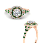 Load image into Gallery viewer, round-cut-spalit-band-double-halo-diamond-engagement-ring-with-emerald-in-FD11142RORGEMGRANGLE3-NL-RG
