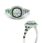 Load image into Gallery viewer, round-cut-spalit-band-double-halo-diamond-engagement-ring-with-emerald-in-FD11142RORGEMGRANGLE3-NL-WG
