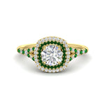 Load image into Gallery viewer, round-cut-spalit-band-double-halo-diamond-engagement-ring-with-emerald-in-FD11142RORGEMGRANGLE3-NL-YG
