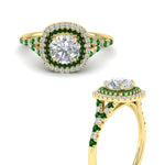 Load image into Gallery viewer, round-cut-spalit-band-double-halo-diamond-engagement-ring-with-emerald-in-FD11142RORGEMGRANGLE3-NL-YG
