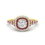 Load image into Gallery viewer, round-cut-spalit-band-double-halo-diamond-engagement-ring-with-pink-sapphire-in-FD11142RORGSADRPIANGLE3-NL-YG
