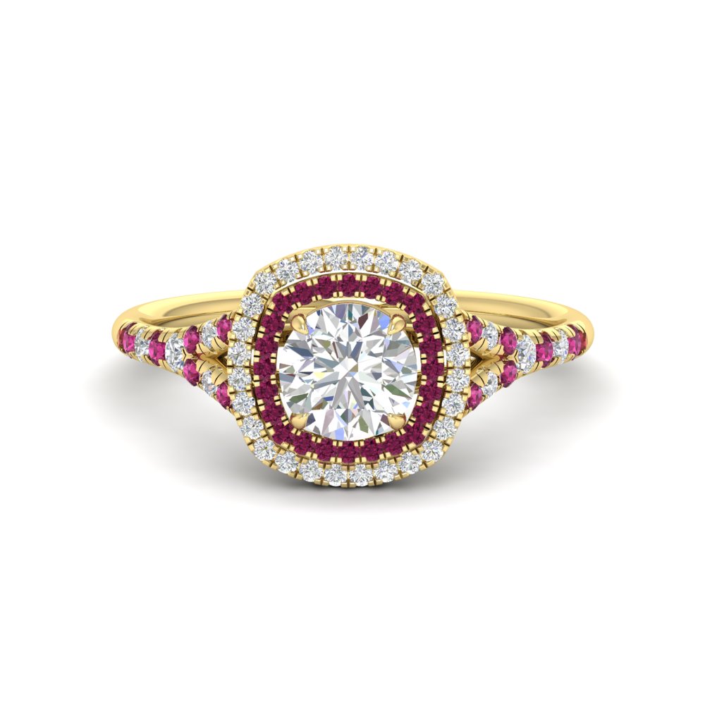 round-cut-spalit-band-double-halo-diamond-engagement-ring-with-pink-sapphire-in-FD11142RORGSADRPIANGLE3-NL-YG