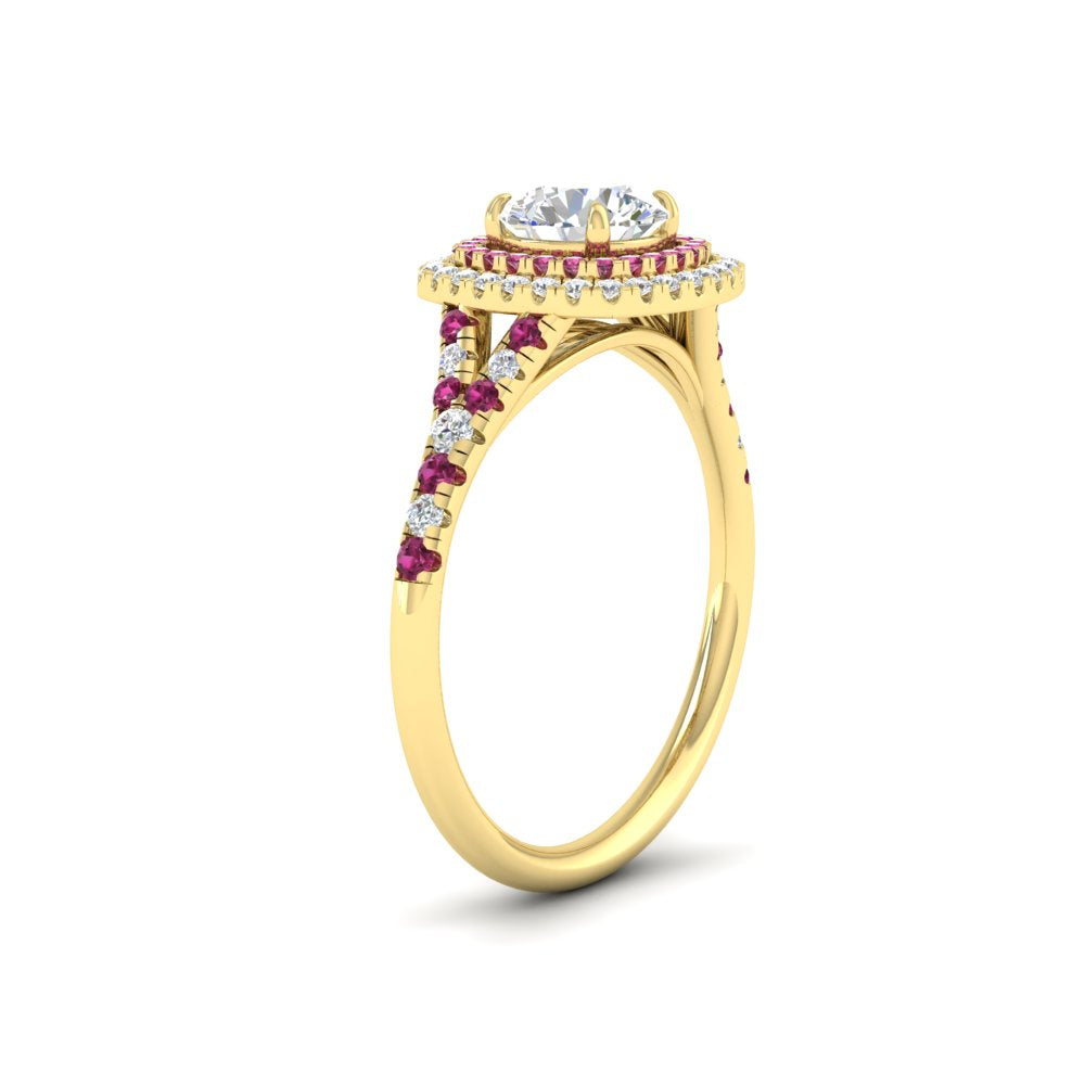 round-cut-spalit-band-double-halo-diamond-engagement-ring-with-pink-sapphire-in-FD11142RORGSADRPIANGLE3-NL-YG