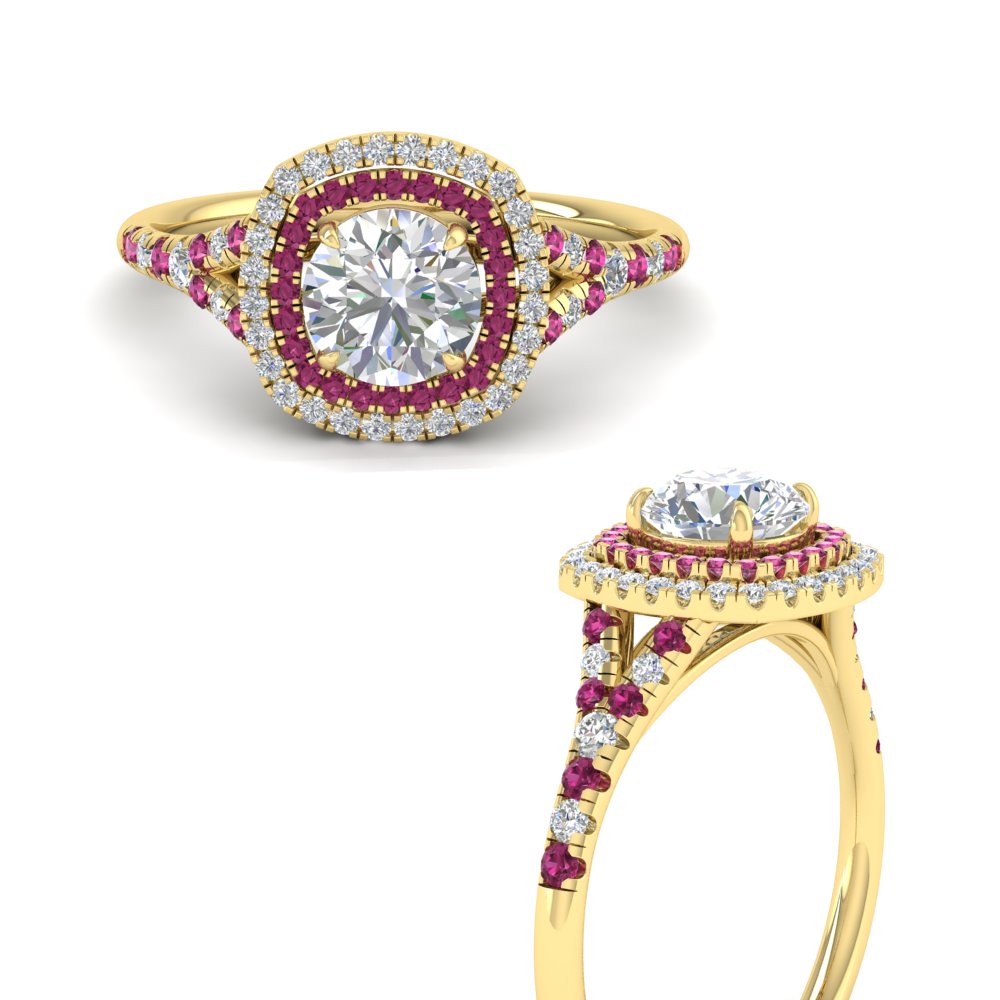 round-cut-spalit-band-double-halo-diamond-engagement-ring-with-pink-sapphire-in-FD11142RORGSADRPIANGLE3-NL-YG