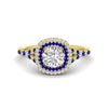 Load image into Gallery viewer, round-cut-spalit-band-double-halo-diamond-engagement-ring-with-sapphire-in-FD11142RORGSABLANGLE3-NL-YG