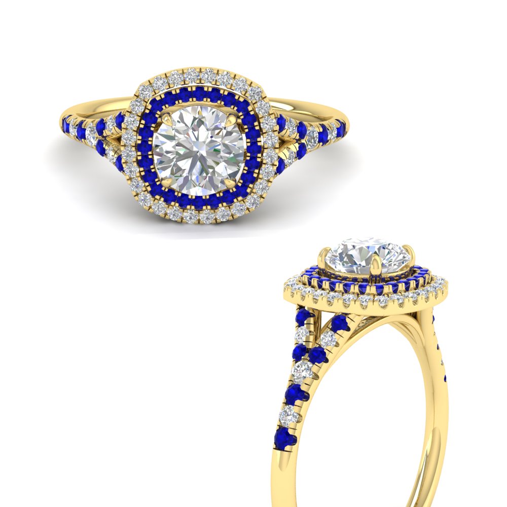 round-cut-spalit-band-double-halo-diamond-engagement-ring-with-sapphire-in-FD11142RORGSABLANGLE3-NL-YG