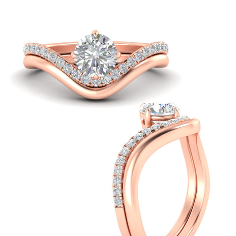 Round Cut Diamond Curved Plain Band Wedding Bridal Set