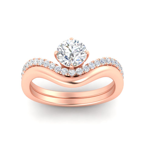 Round Cut Diamond Curved Plain Band Wedding Bridal Set