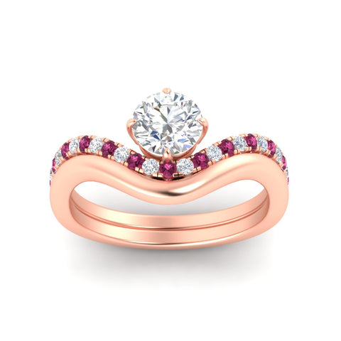 Round Cut Diamond Curved Plain Band Wedding Bridal Set